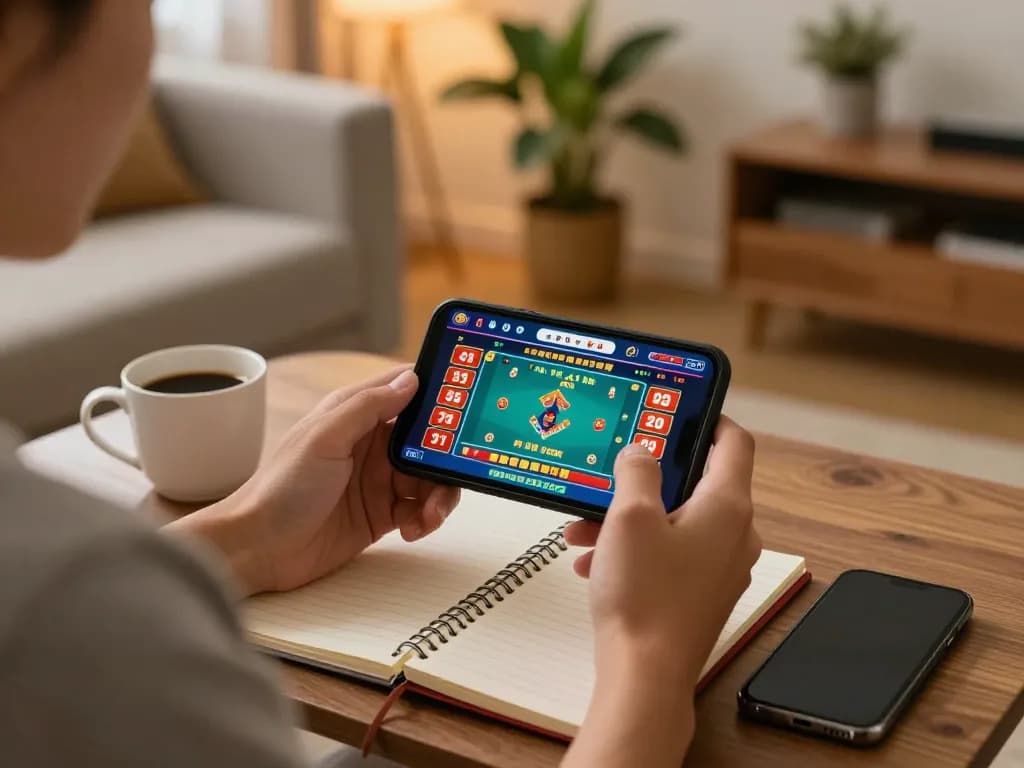 Engaging in tài xỉu online gameplay on smartphone in a warm, cozy home setting.