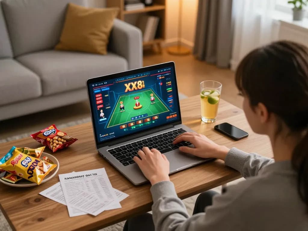 Engaged player enjoying the XX 88 online casino experience from a cozy setup, focused on winning strategies.