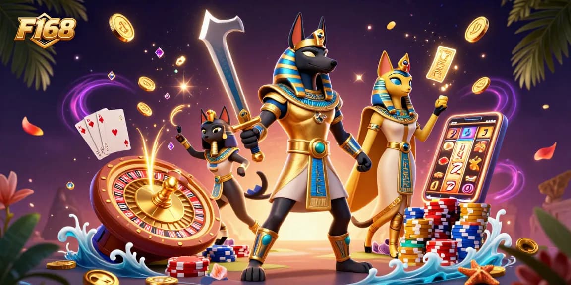 Experience thrilling bets at F168 with a vibrant illustration of ancient warriors and casino magic.