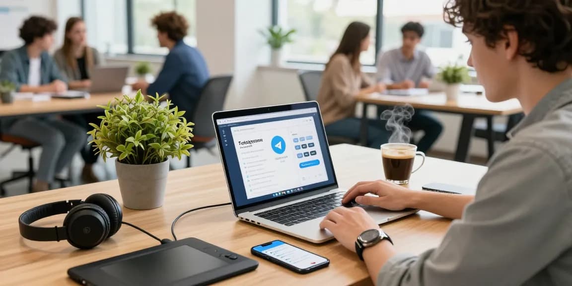 Using the Telegram web version on a laptop in a vibrant co-working space with tech gadgets and team collaboration.