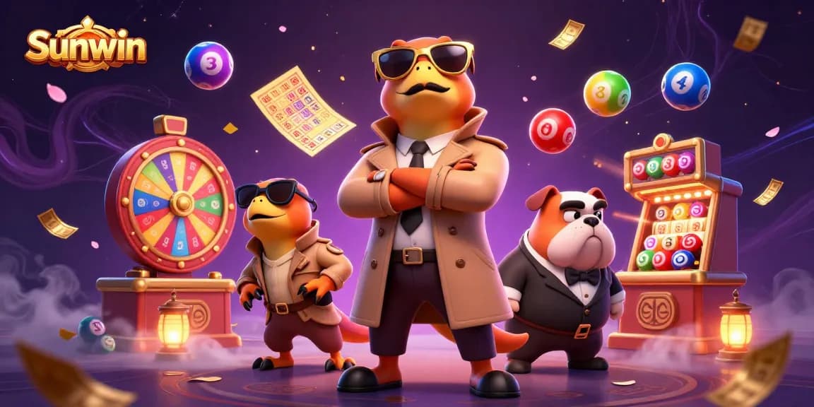 Sunwin players engage with vibrant lottery balls and dynamic digital elements in a whimsical casino setting.