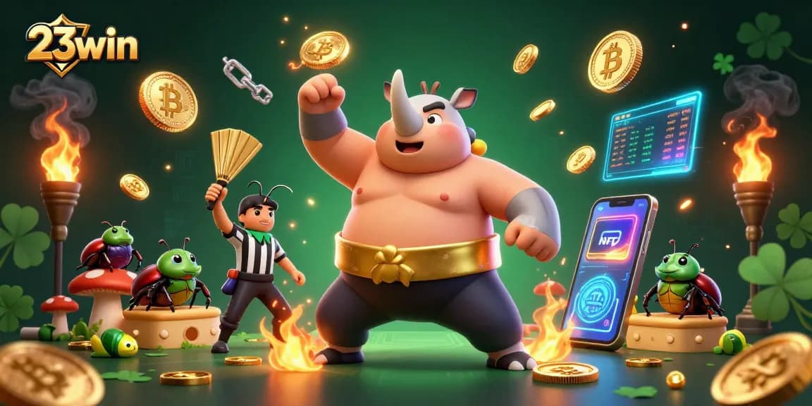Experience thrilling moments at 23win with a dynamic 3D illustration showcasing a beetle champion and vibrant gambling elements.