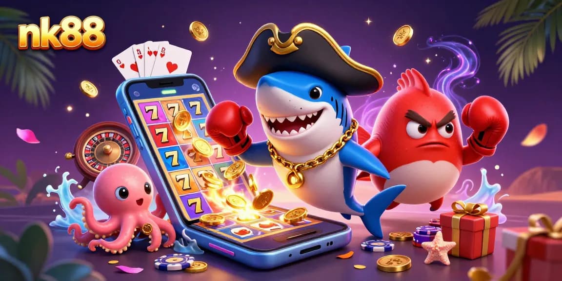 Experience thrilling slots with nk88, where a cheerful shark, pufferfish, and octopus celebrate gameplay.