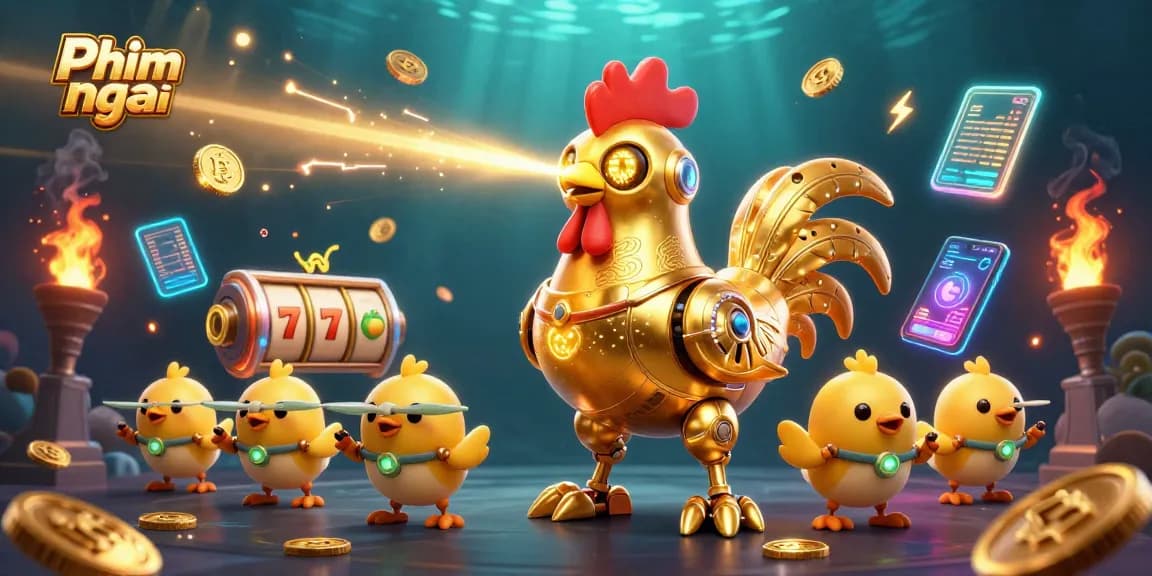Engage with Phim mới in this thrilling 3D casino scene featuring slot machines and crypto coins.