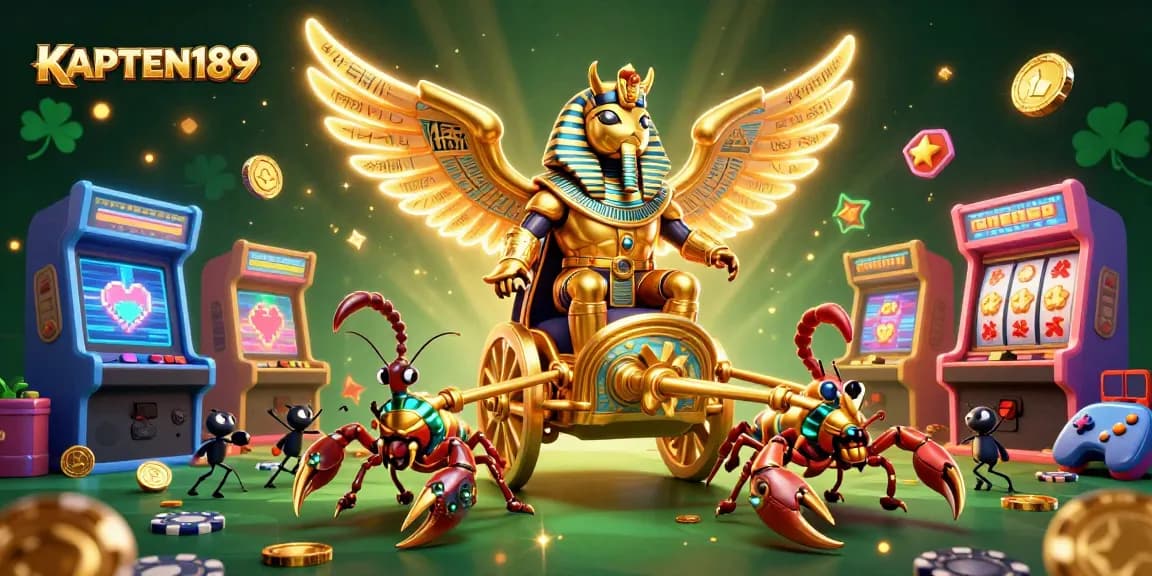KAPTEN189 menampilkan ilustrasi 3D kartun yang kaya detail dengan scarab emas dan elemen mesin slot.