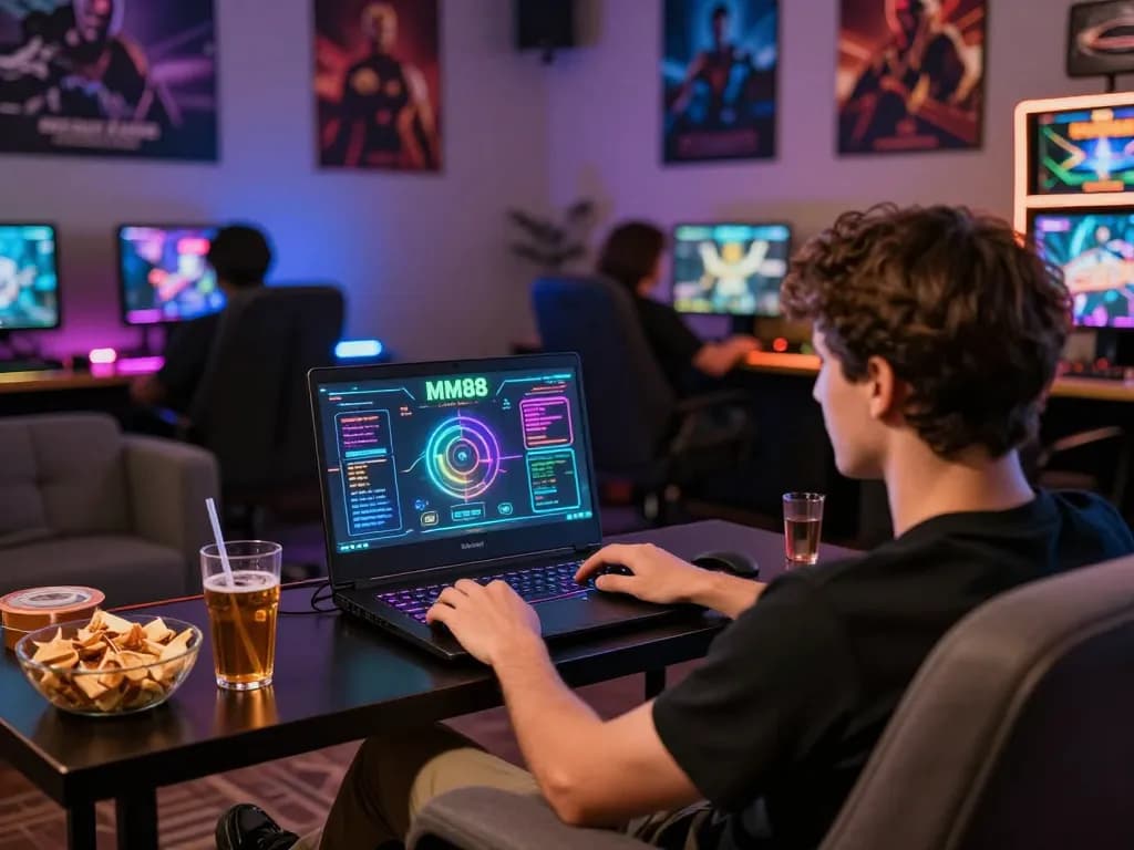 Engaged player enjoying an exciting MM88 online casino gaming experience in a lively atmosphere.