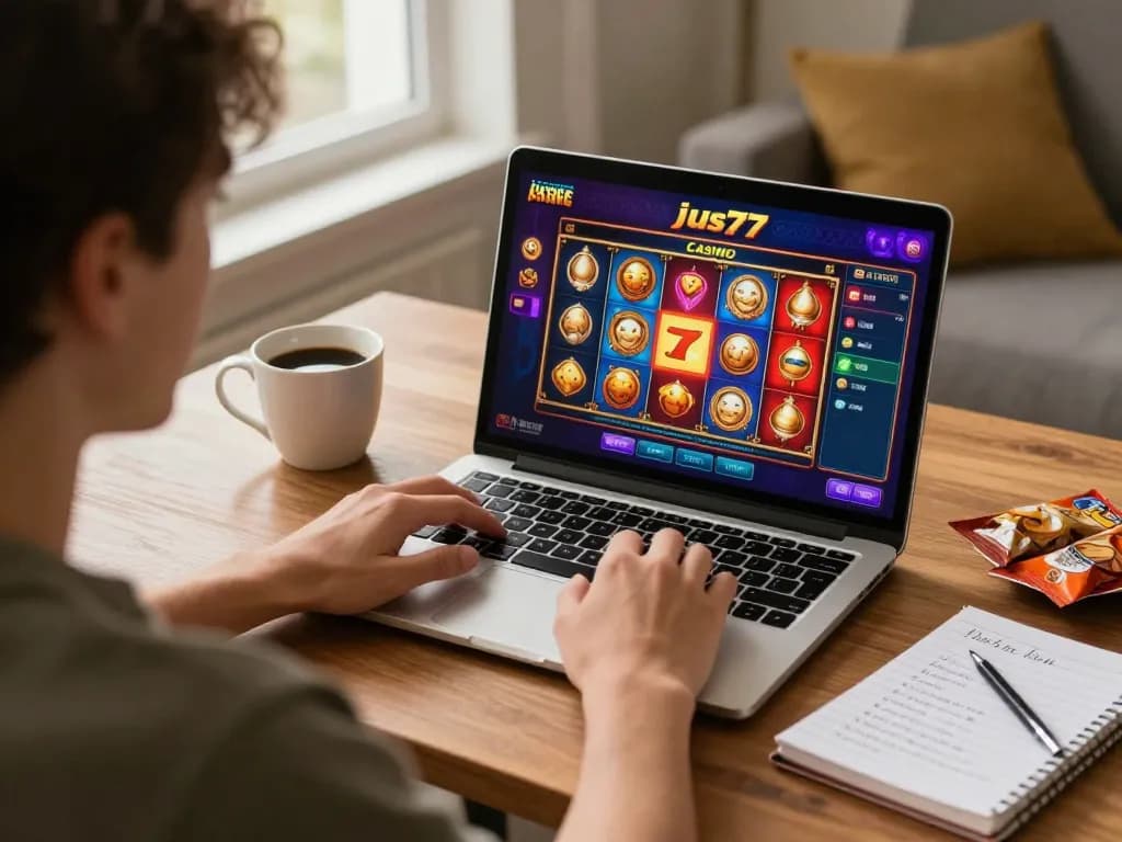 Engaging player enjoying the jus77 online casino on a laptop in a cozy home.