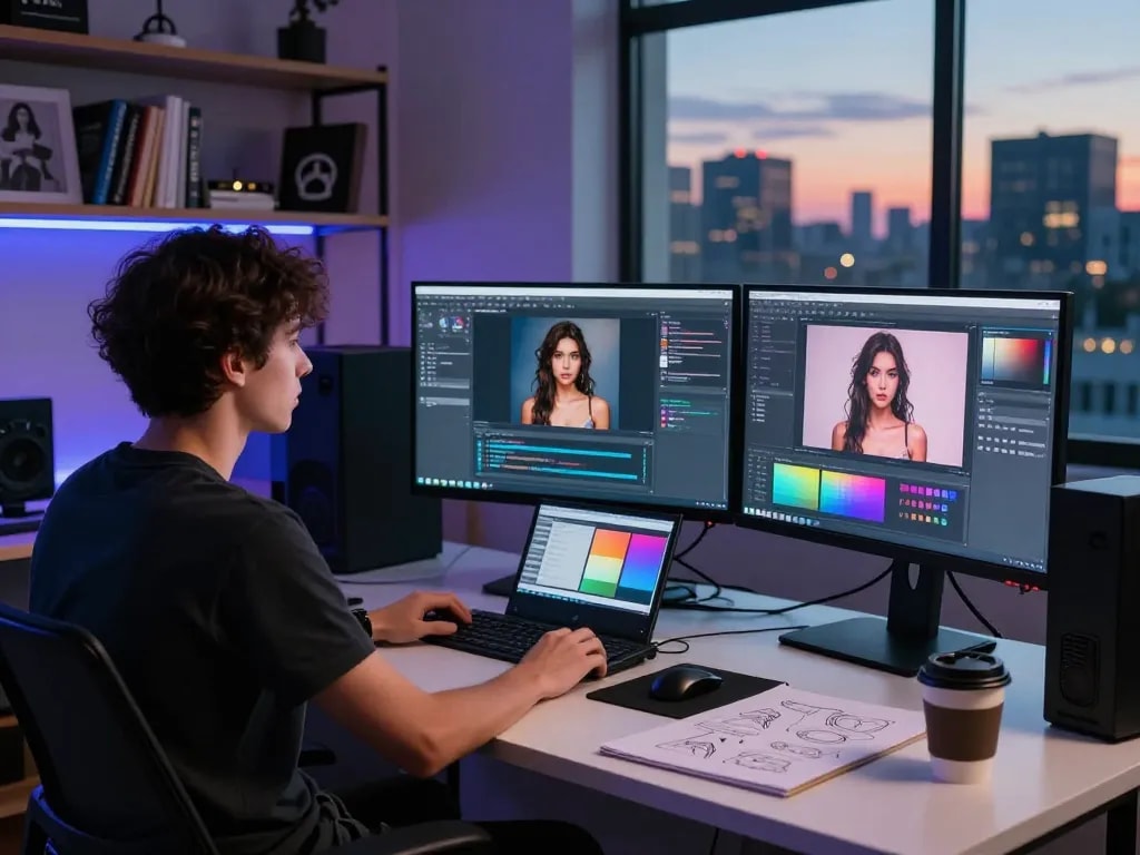 Artist creating innovative ai porn visuals in a dynamic digital studio with advanced technology and inspiring atmosphere.