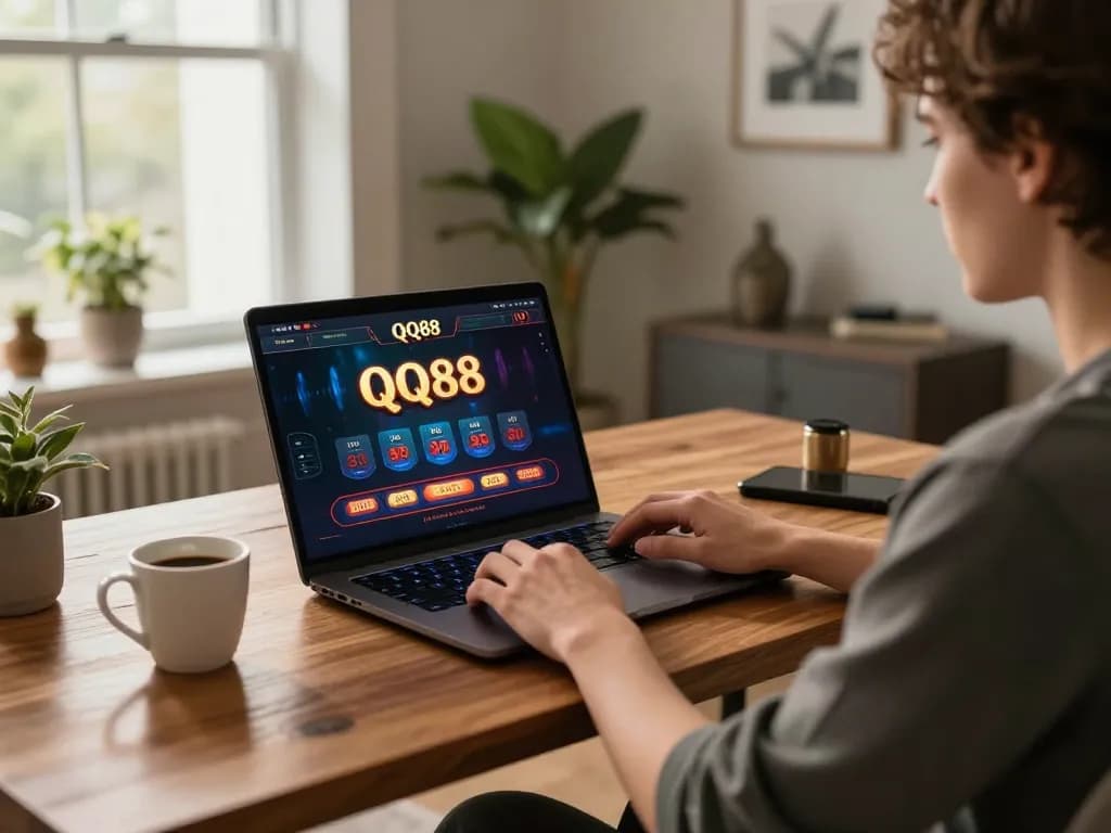 Engaging with QQ88's online casino platform from a stylish home office.