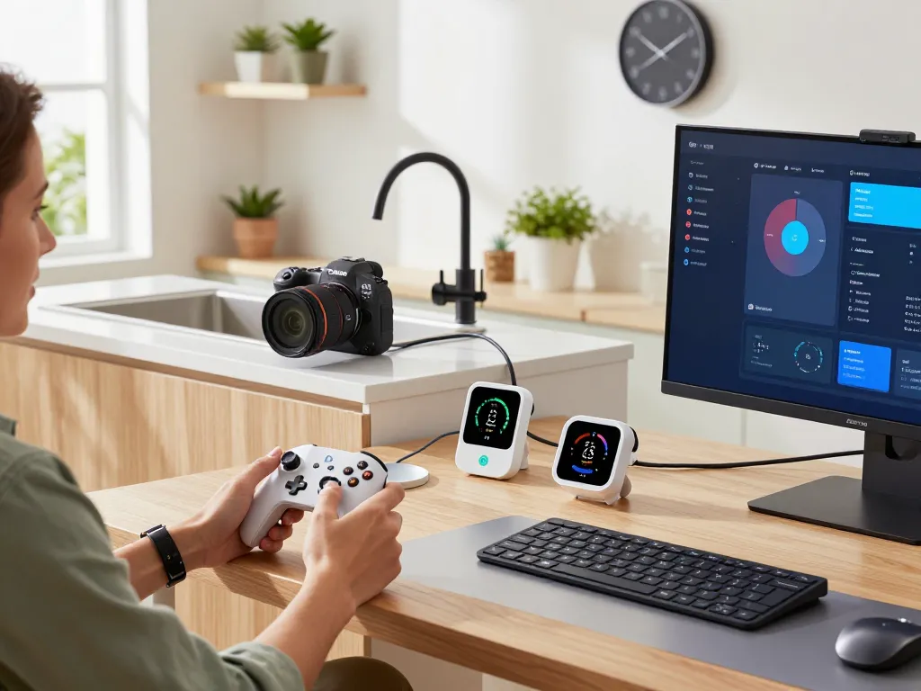 Engaging with smart tech gadgets in a modern home office, showcasing Bluetooth devices.