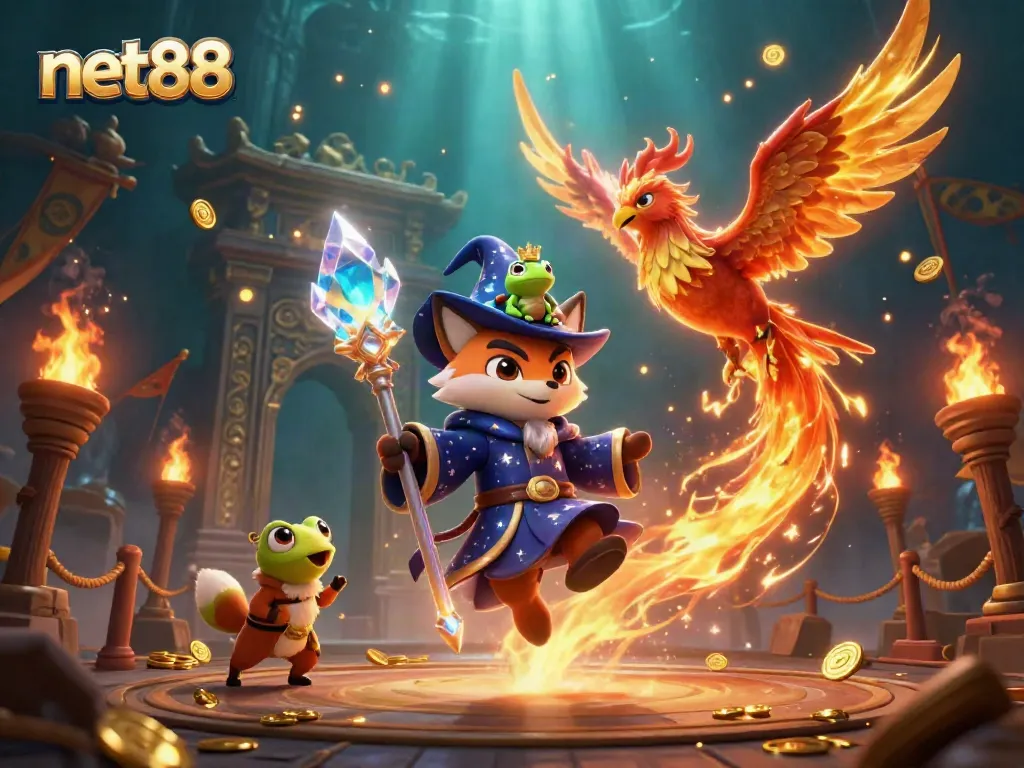 Experience the excitement of net88 with a mystical wizard fox and phoenix in a vibrant casino scene.