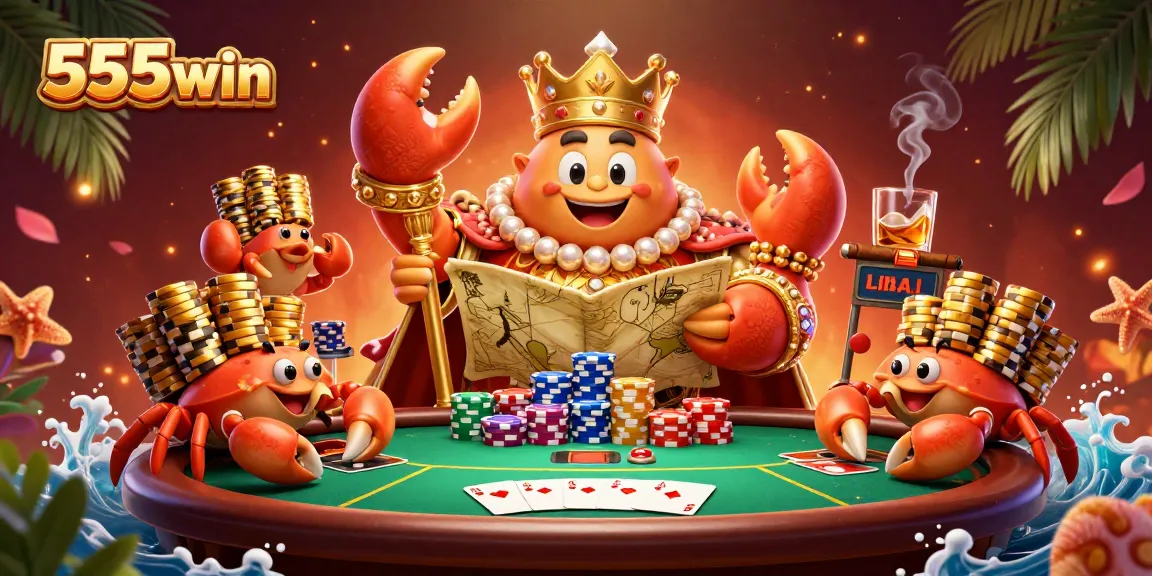 Engage in thrilling gameplay at 555win with a vibrant illustration of a golden crab emperor amidst poker chips and cards