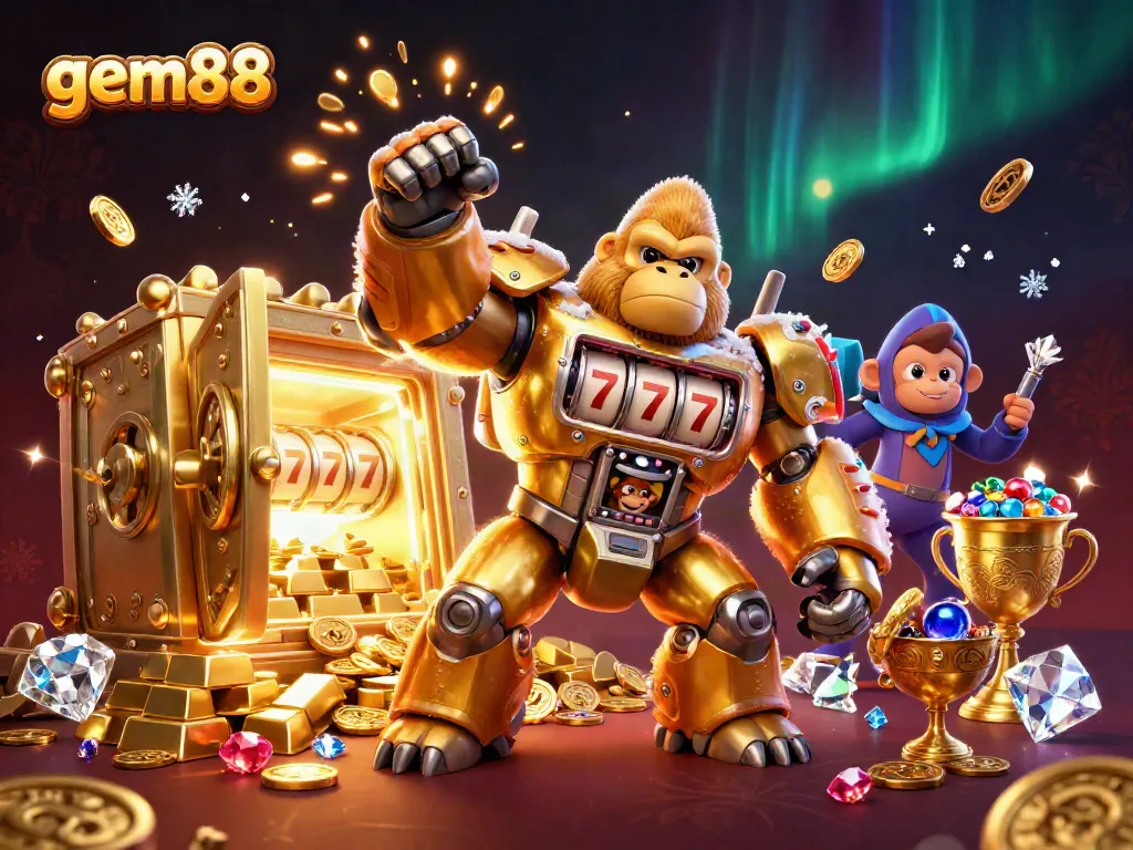 Experience gem88's gaming excitement with a dynamic golden gorilla mech bursting with treasures and vibrant colors.