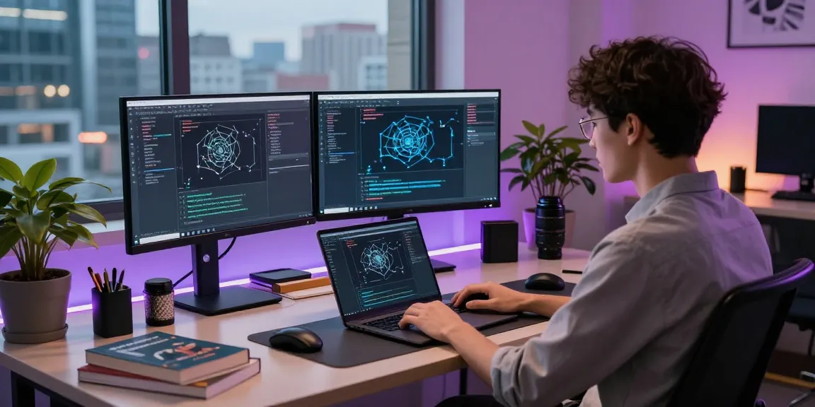快连 software developer coding in a modern tech workspace with ambient lighting and city view.
