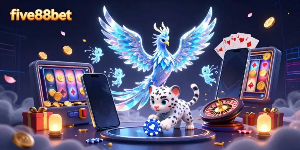 Engage in thrilling gaming action with five88bet's vibrant 3D illustration of characters and casino elements.