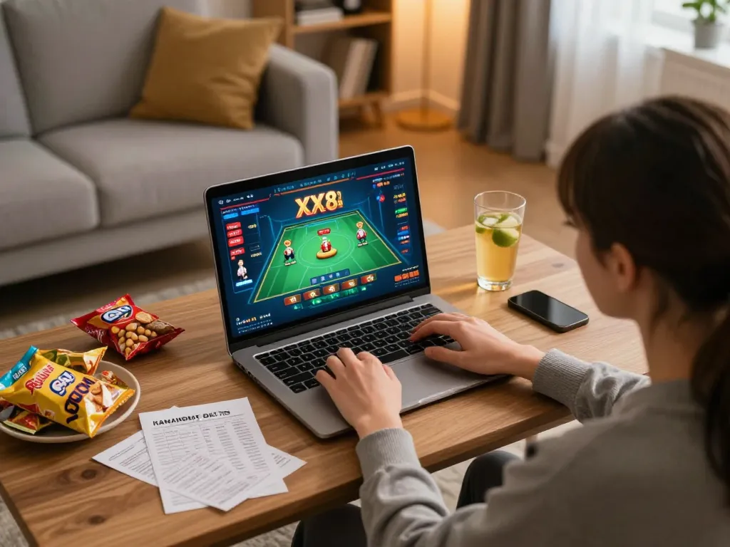 Engaged player enjoying the XX 88 online casino experience from a cozy setup, focused on winning strategies.