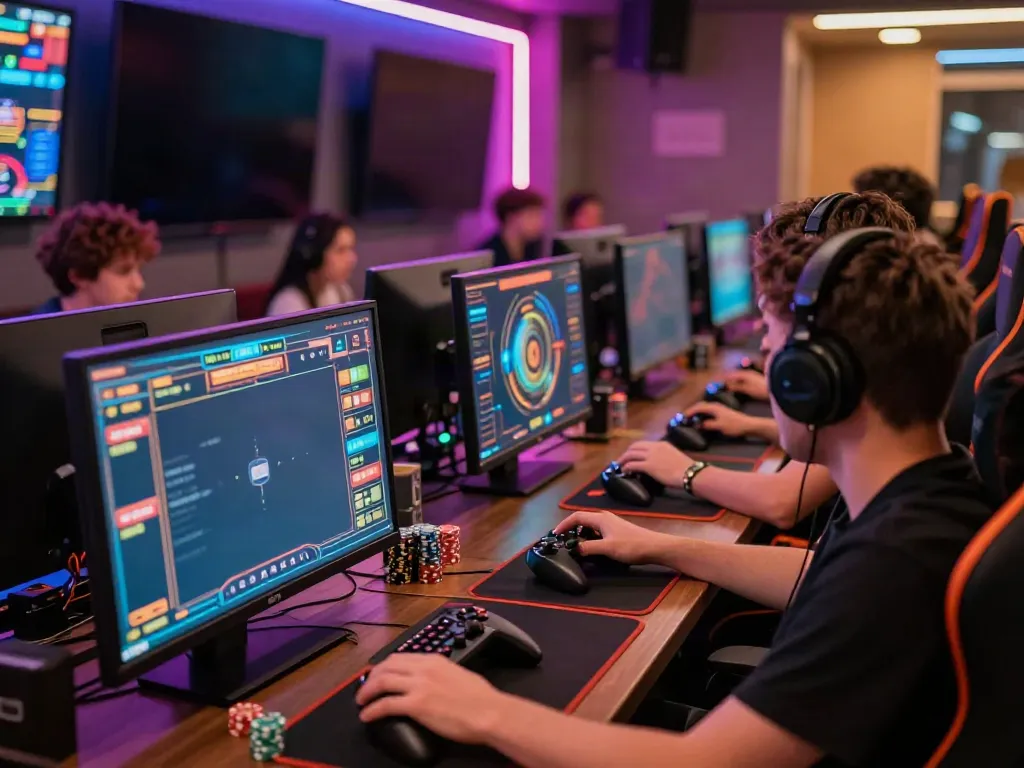Players enjoying thrilling moments at hitclub gaming lounge with modern setups and vibrant LED lighting.