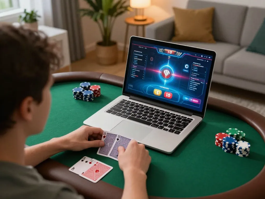 Engaged gamer playing MM 88 poker online with chips and cards visible on screen in cozy setting