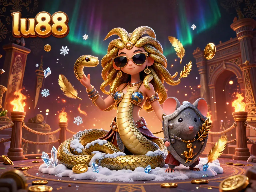 Join the fun at lu88 with a vibrant 3D scene showcasing exciting gambling elements and friendly characters.