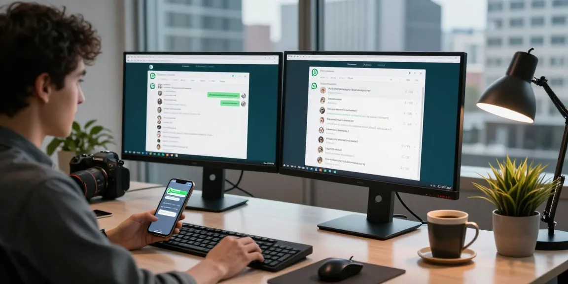 Using WhatsApp網頁版 on dual monitors in a modern workspace.