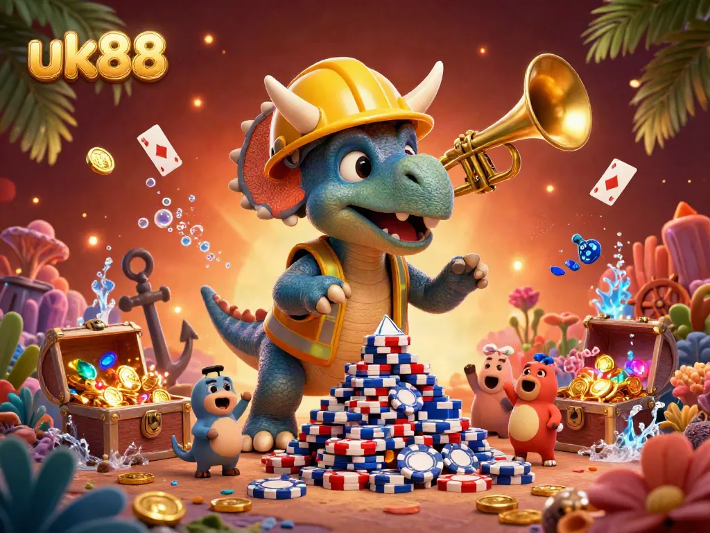 Experience the excitement at uk88 with a vibrant 3D scene of dinosaurs celebrating while playing poker.
