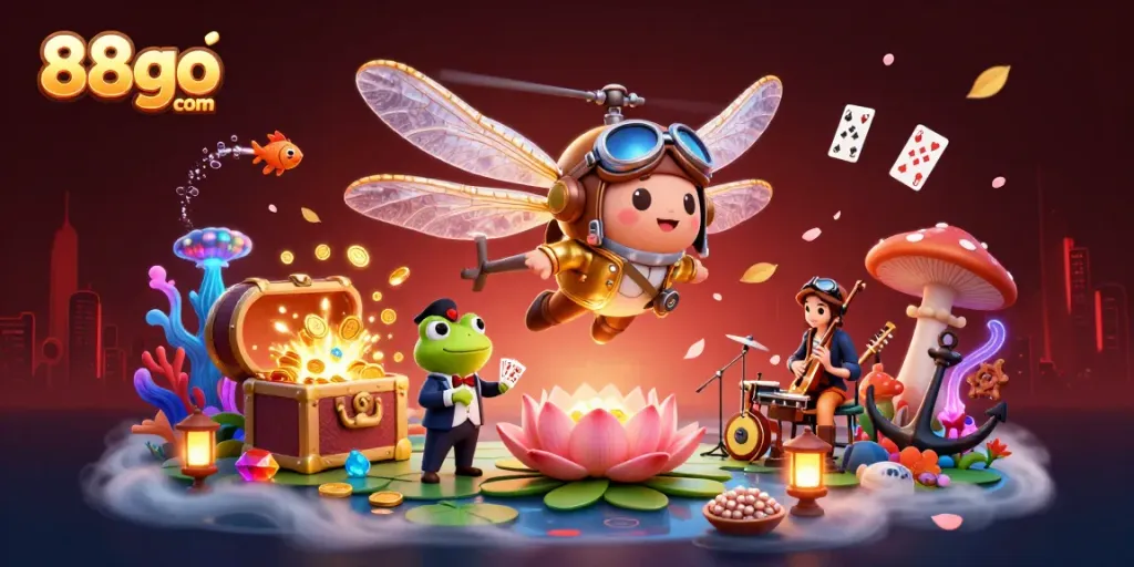 Experience thrilling gaming action with 88go com as a dragonfly pilot navigates a vibrant casino scene.