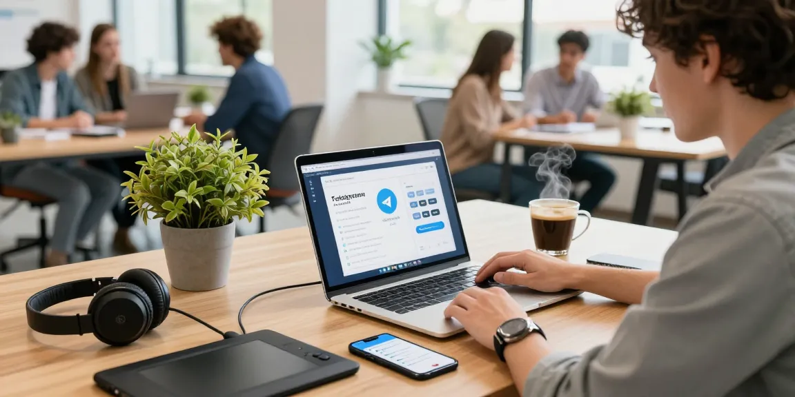 Using the Telegram web version on a laptop in a vibrant co-working space with tech gadgets and team collaboration.