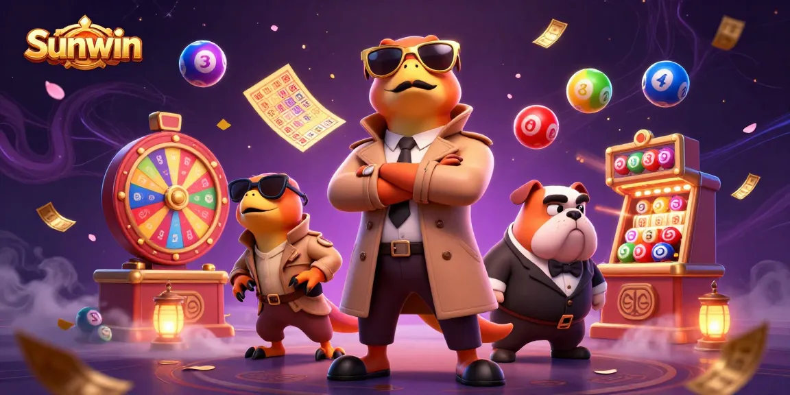 Sunwin players engage with vibrant lottery balls and dynamic digital elements in a whimsical casino setting.