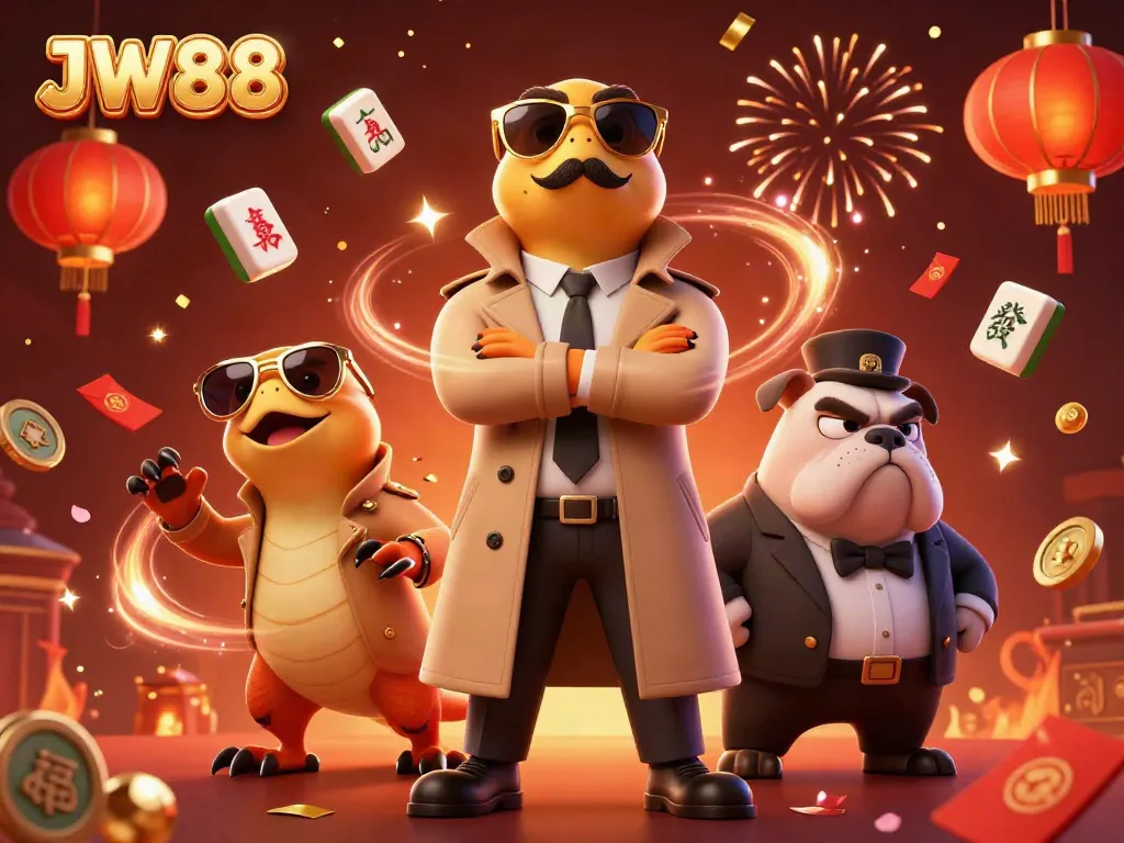 JW88's vibrant 3D casino scene with raptors in disguise and festive elements, showcasing a lively atmosphere.
