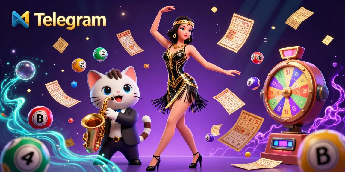 动态彩票场景,展示了Telegram,伴随弹跳的球和丰富多彩的赌场元素。