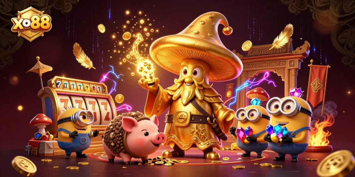 Experience the magic of xo88 with golden mushroom characters in a vibrant casino scene.