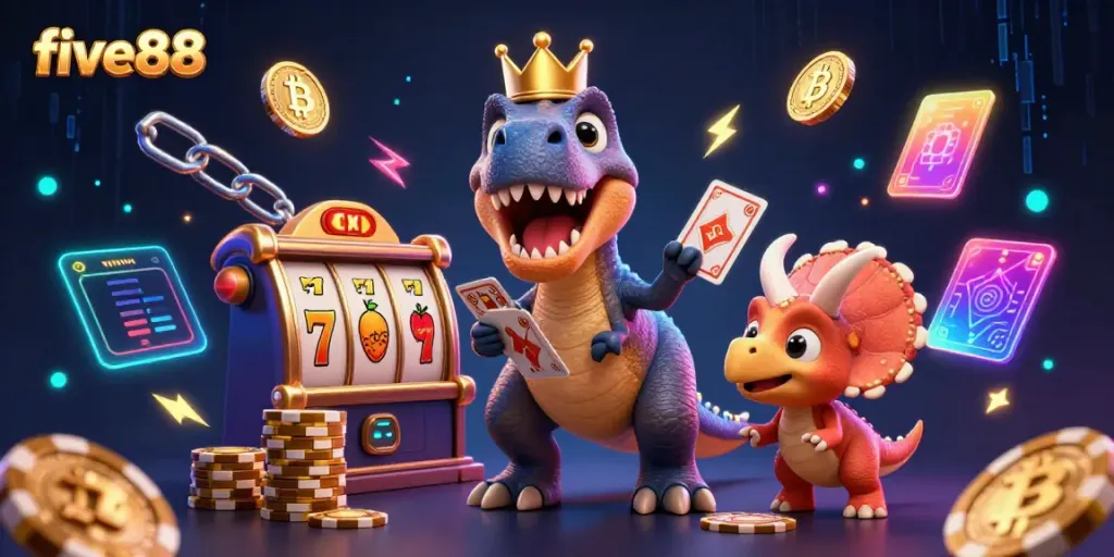 Experience the excitement of five88 with friendly dinosaur characters playing cards and stacking chips in a vibrant casino scene.
