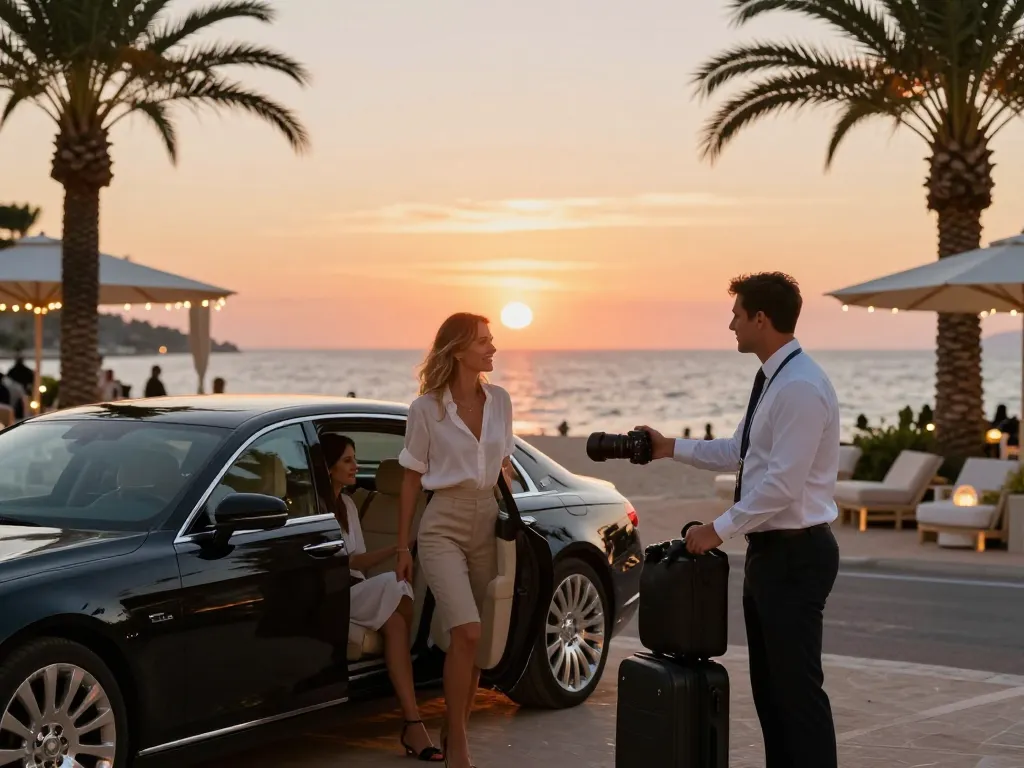 Scène de Taxi à St Tropez avec un chauffeur professionnel accueillant des voyageurs au coucher du soleil, mettant en avant luxe et confort.