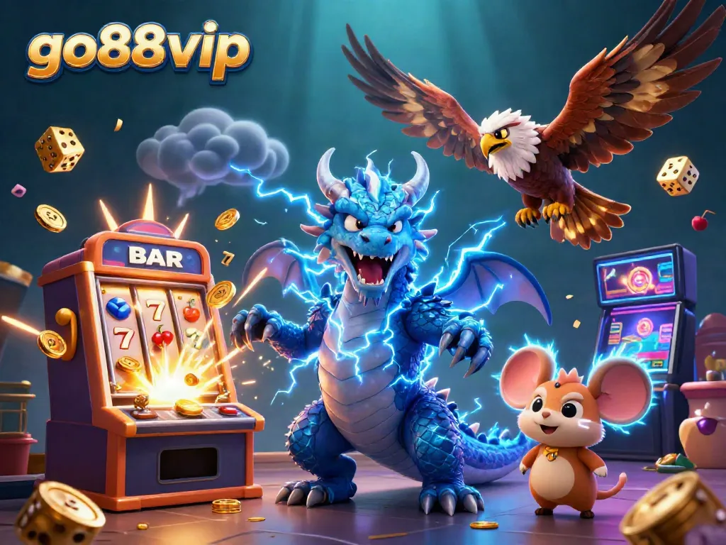 Experience the excitement of go88vip with a vibrant casino scene featuring a thunder dragon and slot machine.