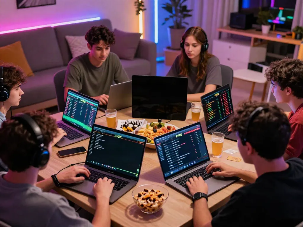 Group of friends intensely engaged in betting on https://playsv88.net/ in a vibrant gaming setup.