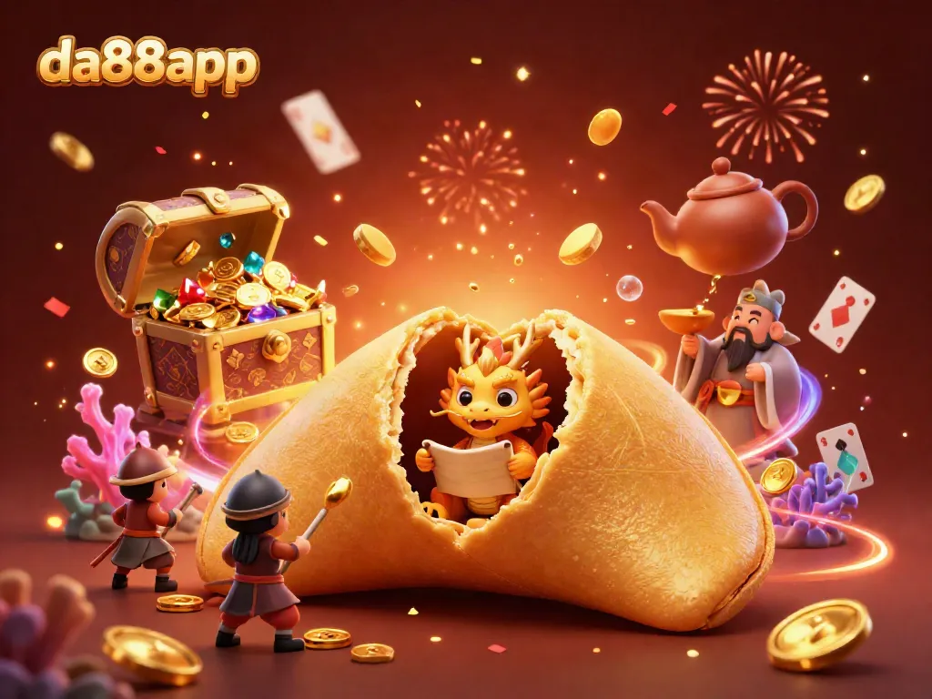 Engage with thrilling moments at da88app, featuring a golden fortune cookie and wise dragon in an enchanting casino atmosphere.