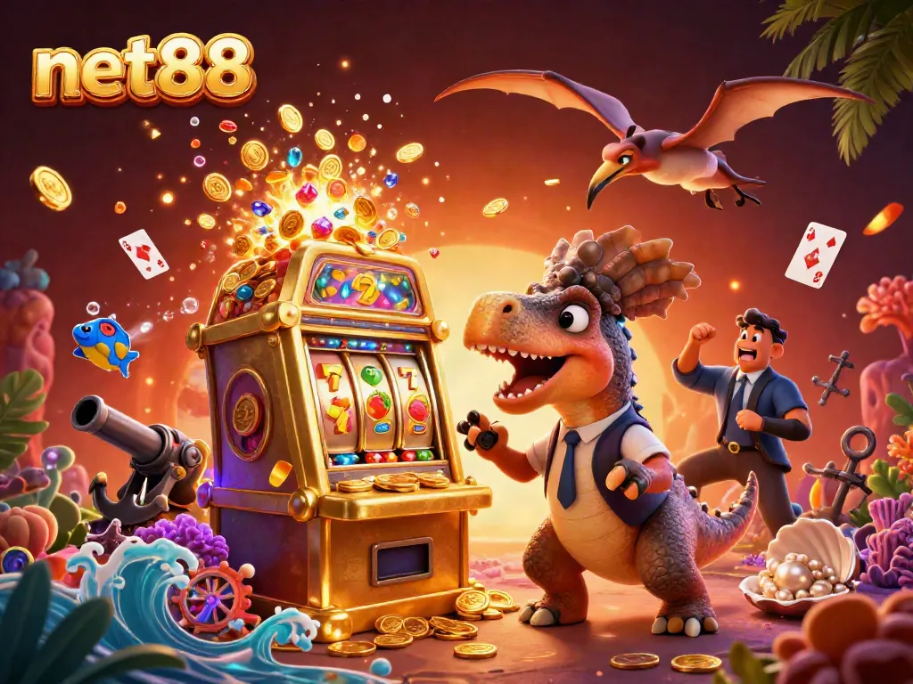 net88 slot machine jackpot celebration with imaginative creatures in a vibrant casino scene