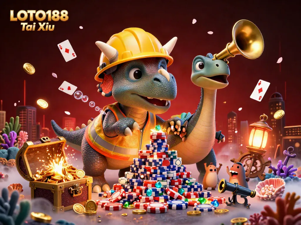 Experience the excitement of LOTO188 Tai Xiu with a vibrant scene featuring a cartoon triceratops, poker chips, and treasure.