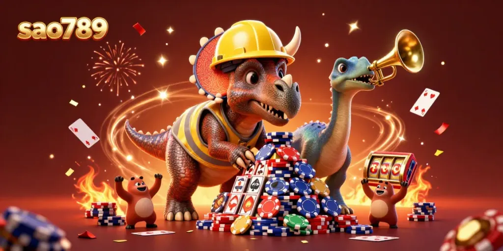 Engage with thrilling gaming action at sao789, with vibrant casino characters building excitement amidst colorful confetti.