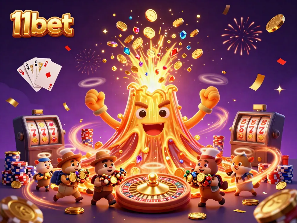Experience the thrill of 11bet with a cartoon volcano erupting treasures and bright casino elements.