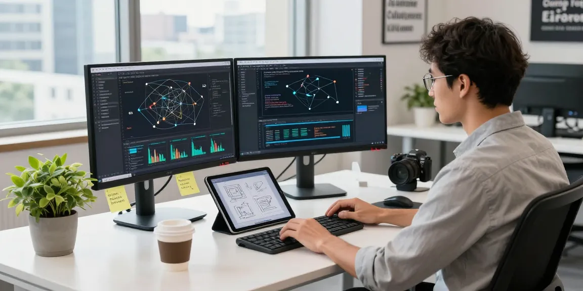 快连 network optimization in a bright tech workspace showcasing a developer coding.