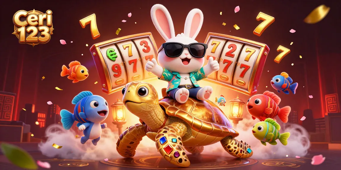 Ceri 123 showcases an adorable lucky rabbit on a golden turtle amidst exciting slot game elements in a vibrant casino illustration.