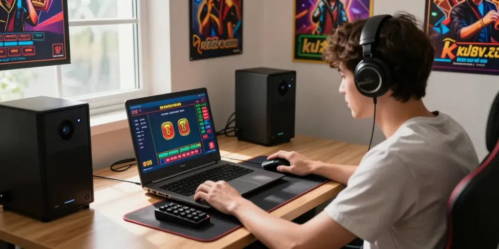 Online gambling player enjoying a game on laptop at ku88vt.com, illuminated by natural sunlight.
