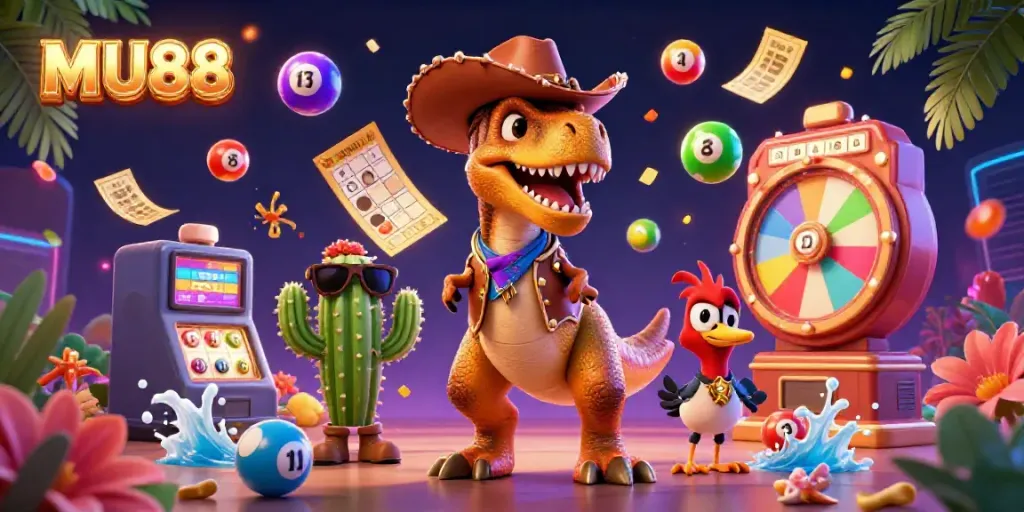 Experience thrilling moments with MU88 in this colorful 3D casino scene featuring a cowboy dinosaur and friends.