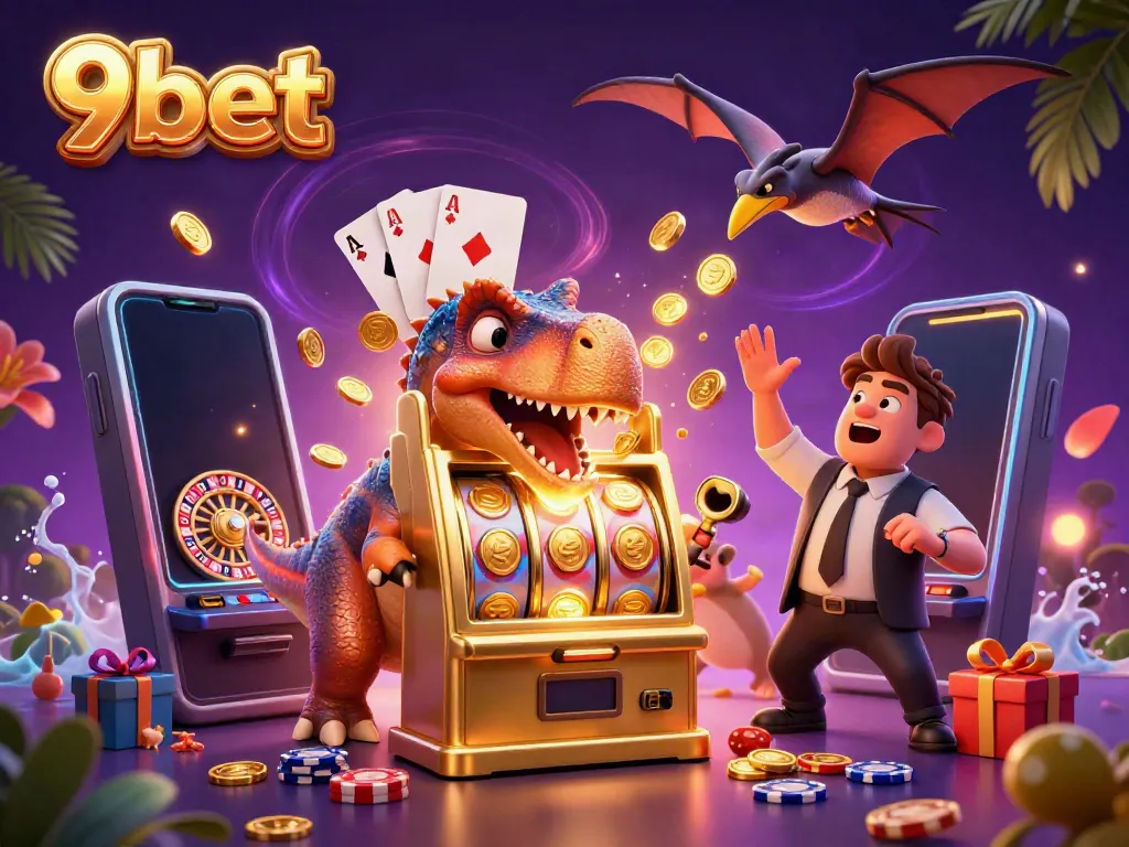 9bet casino scene captures a pachycephalosaurus winning jackpot coins from a golden slot machine