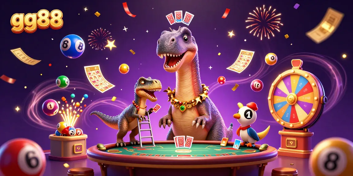 Engage with luck at gg88 with a whimsical scene of a dinosaur dealing cards in a vibrant casino.