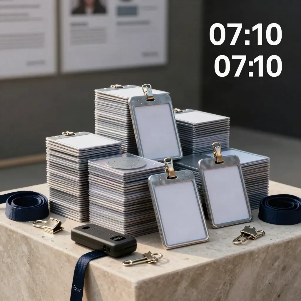 Prémiové konferenční štítky, RFID disky a lanyardy na kamenném podstavci.