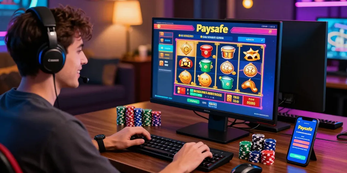 Spieler genießt ein Paysafe Card Casino-Erlebnis zu Hause mit einem lebendigen Gaming-Setup.