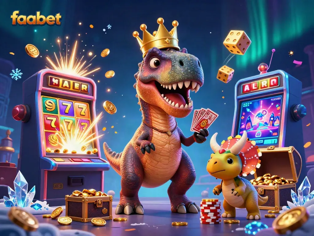 Experience epic gameplay at fabet with a friendly T-Rex shuffling cards, amidst a vibrant casino world.
