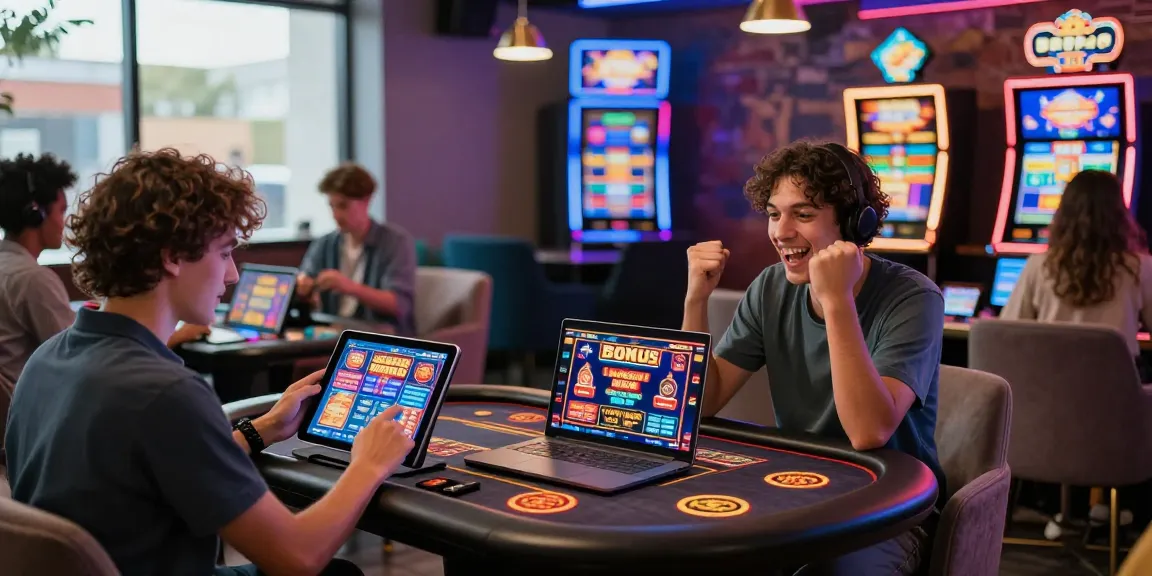 Giocatori entusiasti che si divertono con i giochi dei casinò non AAMS in un lounge moderno con colori vivaci e schermi che mostrano bonus.